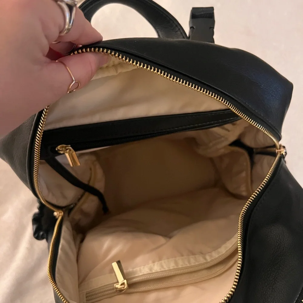 Black Leather Diaper Backpack with Gold Accents